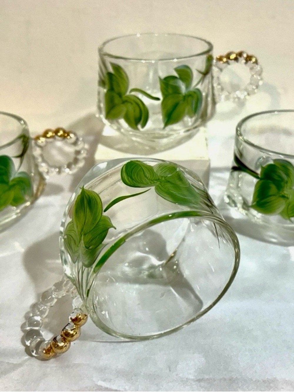 4 Vtg Gay Fad Hazel Atlas Glass 22K Gold Boopie Handle Green Ivy Tea Cup MCM 4oz